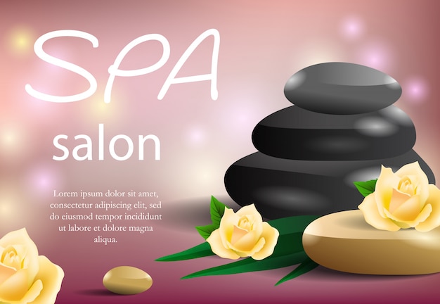 Spa salon lettering with stone stack and yellow\
roses.