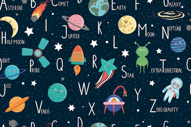 Space Alphabet Seamless Pattern For Children Cute Flat English