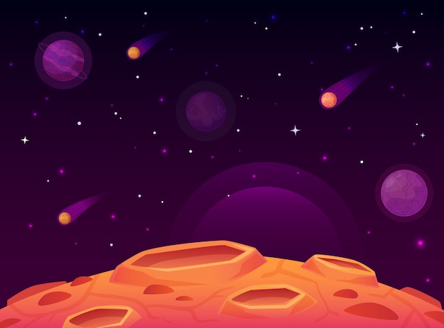 スペース小惑星の表面 クレーターの表面 宇宙惑星の風景と彗星のクレーターの漫画イラストの惑星 プレミアムベクター
