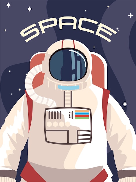宇宙服を着た宇宙飛行士のキャラクターが外側のイラストを発見 プレミアムベクター