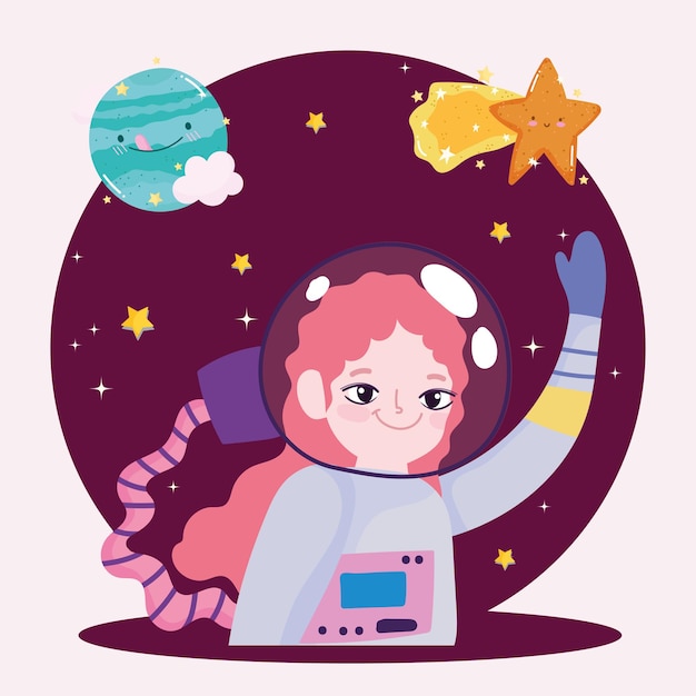 宇宙飛行士の女の子の惑星と流れ星かわいい漫画 プレミアムベクター