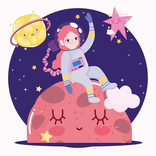 惑星と星のかわいい漫画に座っている宇宙飛行士の女の子 プレミアムベクター