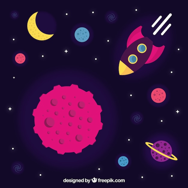 Space background with rocket and planets