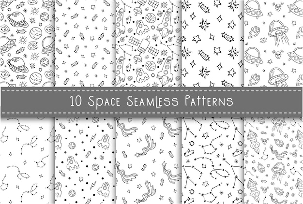 Download Premium Vector Space Black And White Doodle Seamless Pattern Bundle Hand Drawn Digital Paper With Space Stars Spaceship Rocket Ufo Celestial Kids Seamless Background For Textile Scrapbooking Wrapping Paper