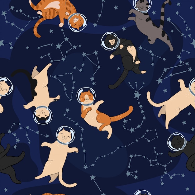 宇宙猫と星座のシームレスパターン グラフィック プレミアムベクター