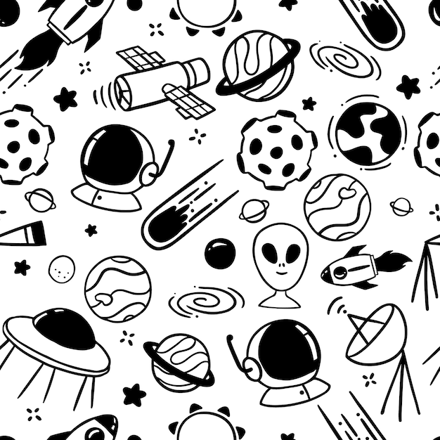 Space doodles seamless pattern | Premium Vector
