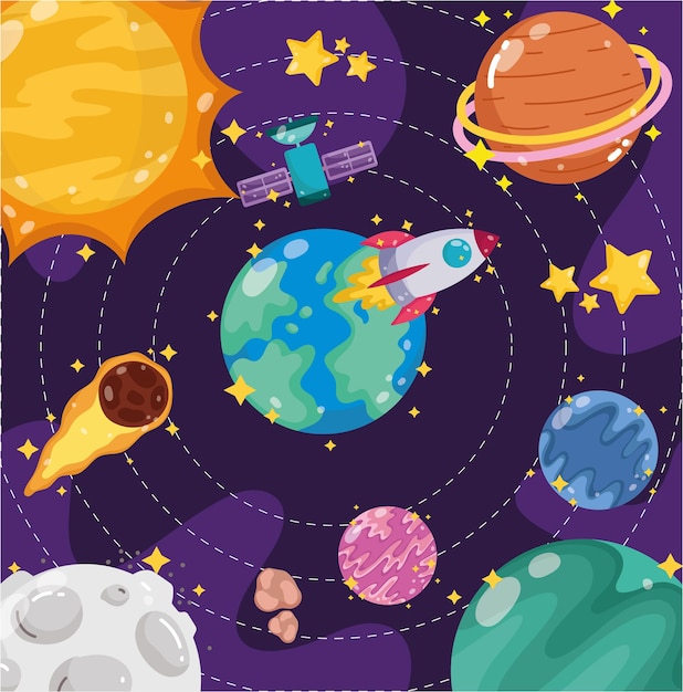 宇宙地球惑星月太陽衛星宇宙船と彗星漫画イラスト プレミアムベクター
