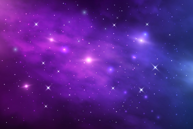 宇宙銀河星雲 星屑 輝く星 青と紫のリアルな星雲と輝く星と星空の宇宙ベクトル宇宙背景 無限の宇宙 夜空の壁紙または背景 プレミアムベクター