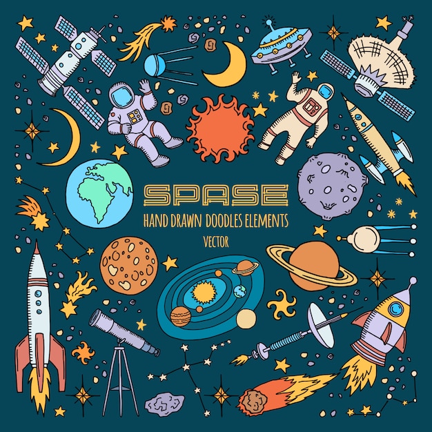Space objects in universe. vector hand drawn illustration. Premium Vector
