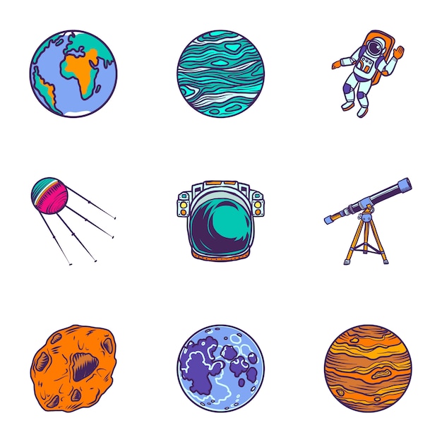 Space planet icon set. hand drawn set of 9 space planet icons Premium Vector