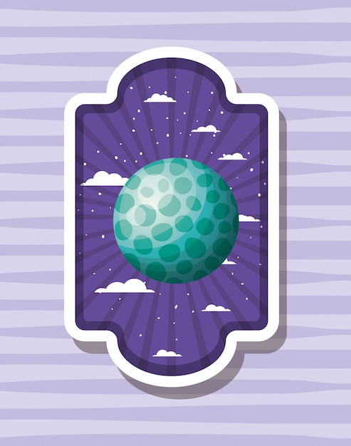 Space planet over striped label Free Vector