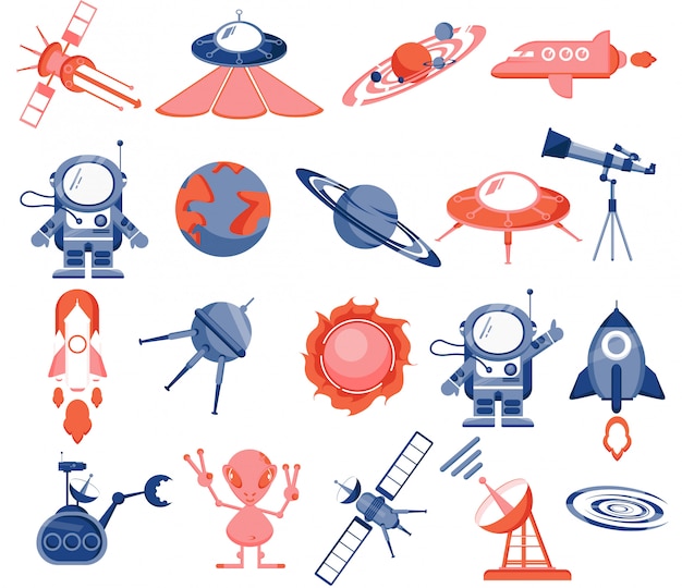 Space set, astronaut, alien, rockets, space planes, satellites, flying saucers, robot, planets, solar system, stars, rover, radar, sun, telescope. Premium Vector