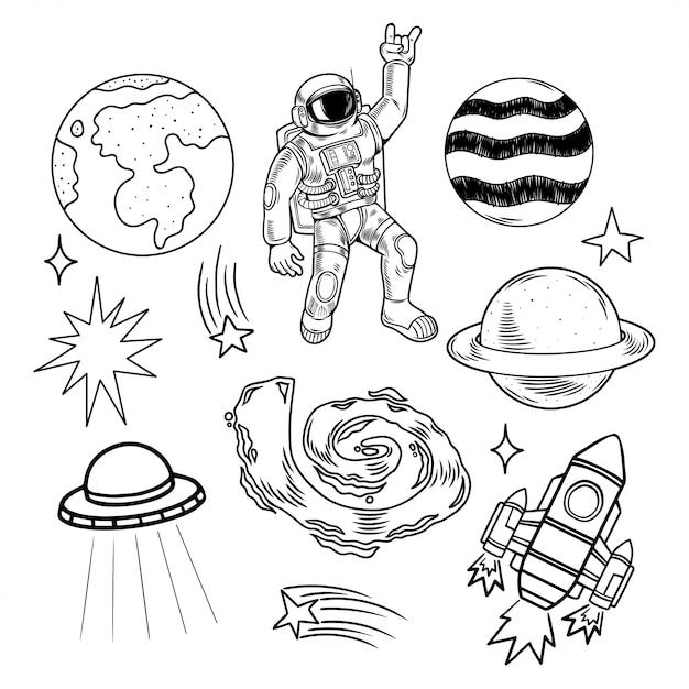 地球惑星 星 宇宙飛行士 宇宙飛行士 Ufo ロケット 銀河 隕石が刻まれたスペースセットのバンドルコレクション モダンな落書き漫画イラスト プレミアムベクター