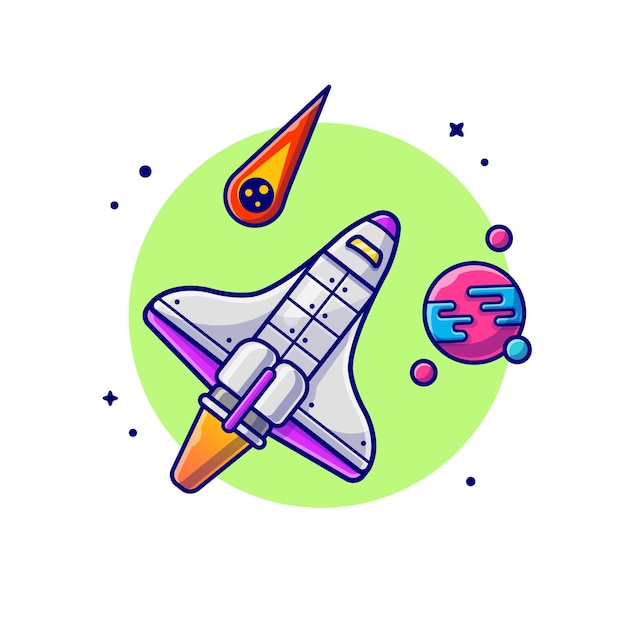 惑星と隕石の宇宙漫画アイコンイラストで飛んでいるスペースシャトル 無料のベクター