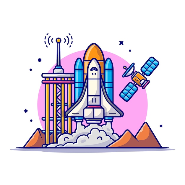 タワー 衛星 山の漫画のアイコンのイラストで離陸するスペースシャトル プレミアムベクター