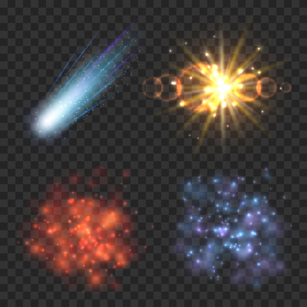 透明度の市松模様の背景に宇宙の星 彗星 爆発 星の光 爆発彗星 星銀河 星雲 爆発流星のイラスト 無料のベクター