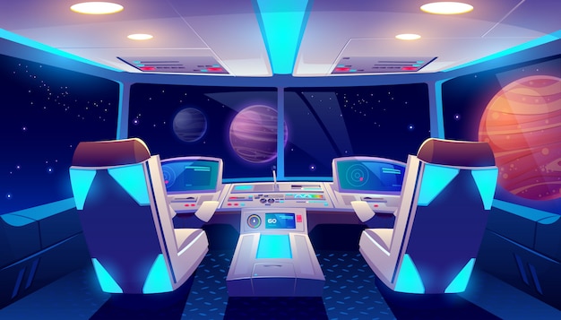 Spaceship Cockpit Interior Space And Planets View Vector