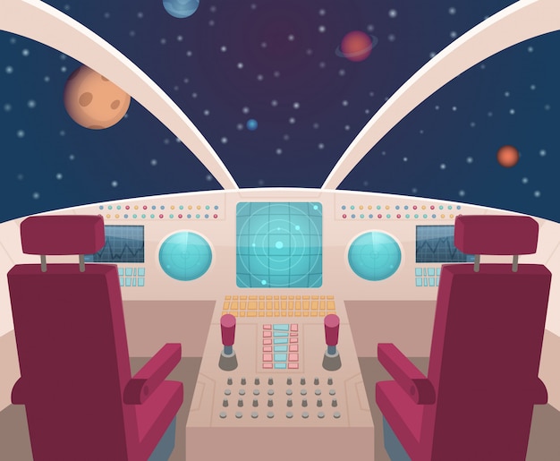 プレミアムベクター 宇宙船のコックピット ダッシュボードパネルのイラストが漫画のスタイルで内部のシャトル