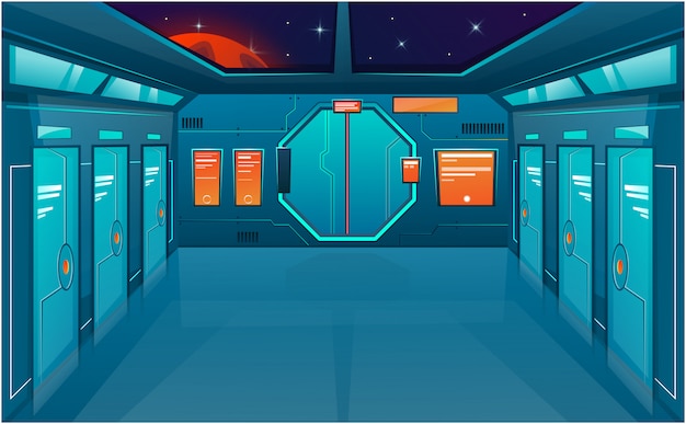 Spaceship Corridor With Closed Doors Cartoon Background Futuristic Interior Room 92863 437 