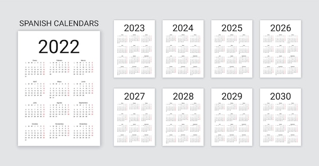 スペイン語カレンダー2022、2023、2024、2025、2026、2027、2028、2029、2030年。シンプルなポケットテンプレート