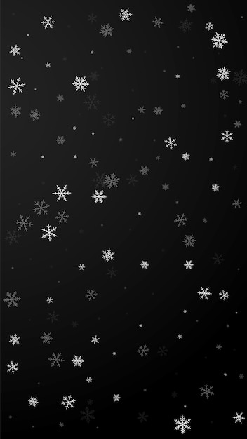 まばらな降雪クリスマスの背景 黒の背景に微妙な空飛ぶ雪の結晶と星 生きている冬のシルバースノーフレークオーバーレイテンプレート かわいい縦のイラスト プレミアムベクター