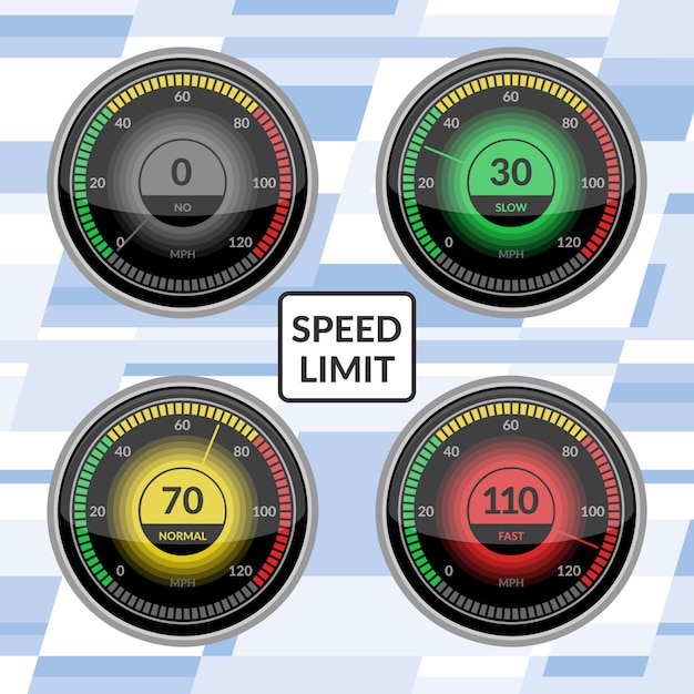 スピードメーター車の速度のダッシュボードパネルベクトル矢印またはポインターの速度制限制御技術ゲージのイラストセット プレミアムベクター