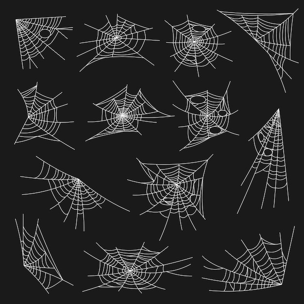 蜘蛛の巣ハロウィンデザイン 黒の背景に分離されたクモの巣 白い丸い角の蜘蛛の巣の要素 不気味なまたは怖い装飾 恐ろしいハロウィーンの装飾 昆虫やハエのトラップセット プレミアムベクター