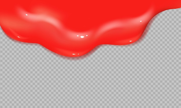 リアルな赤い液体の滴るケチャップまたはこぼれたジャムが流れるゼリーソースの透明な背景イラストに分離されたこぼれるケチャップソース プレミアムベクター