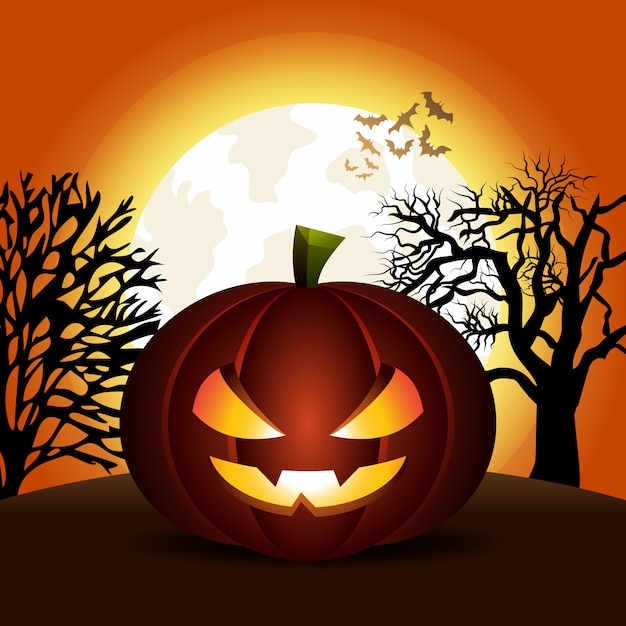 Premium Vector | Spooky halloween pumpkin in moon night backlit