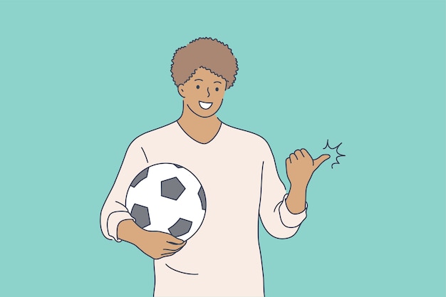スポーツ 広告 サッカー ゲームのコンセプト 若い幸せな笑みを浮かべてアフリカ系アメリカ人の男少年10代のキャラクターサッカープレーヤー男ボールと親指で立っています プレミアムベクター