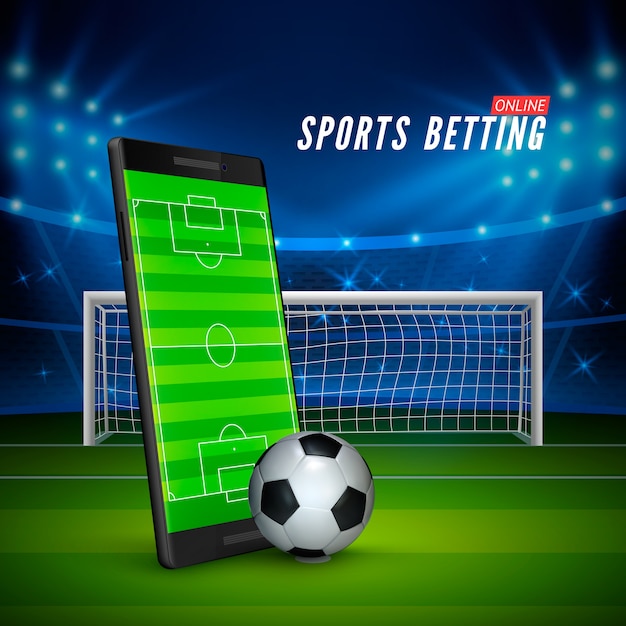 オンラインでのスポーツ賭博 画面にサッカー場があり 正面にリアルなサッカーボールが付いた携帯電話 背景にサッカースタジアム プレミアムベクター
