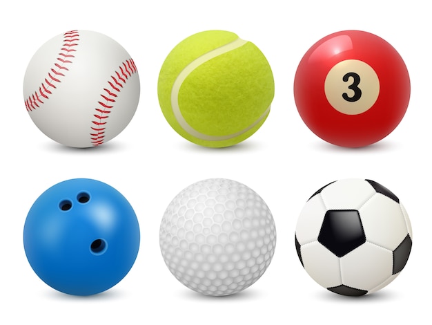スポーツ用品 リアルなボールビリヤードサッカーテニス野球ゴルフとボウリングコレクション プレミアムベクター