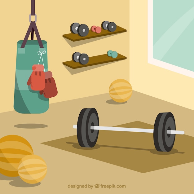 Sport gym background with exercises machines in\
flat style