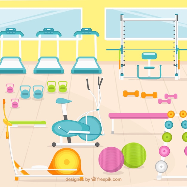 Sport gym background with exercises machines in
flat style