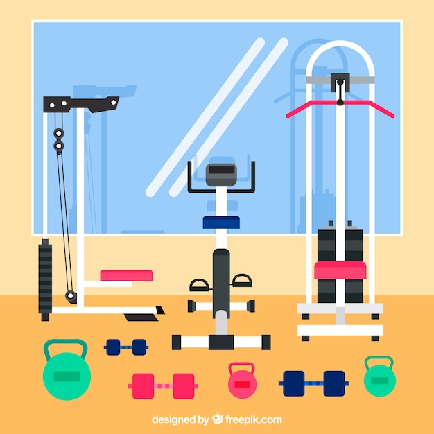 Sport gym background with exercises machines in
flat style