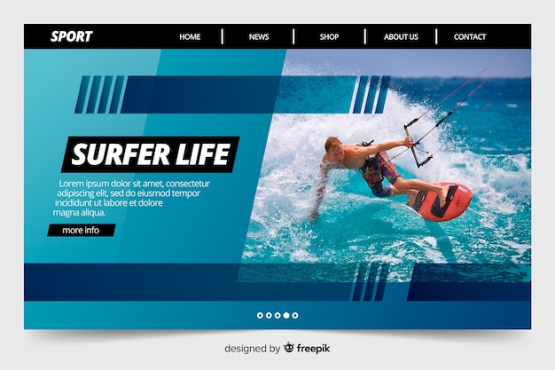 Sport landing page template with photo Free Vector