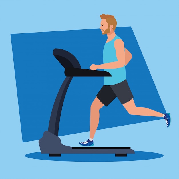 スポーツ トレッドミルで走っている人 電気トレーニングマシンイラストデザインでスポーツの人 プレミアムベクター