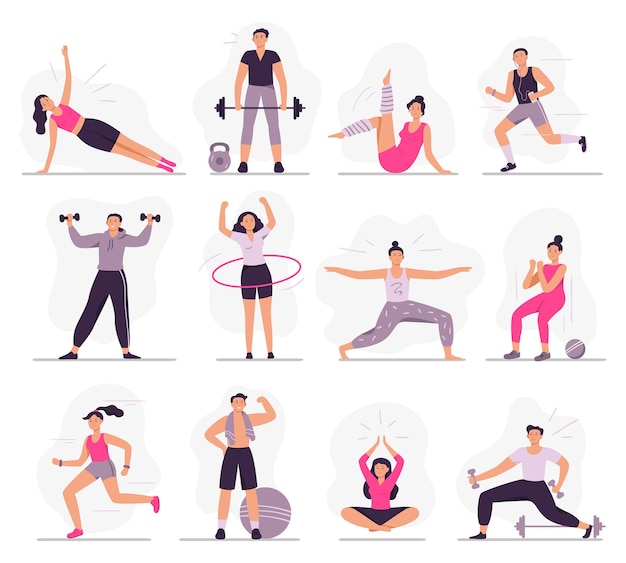 Sport people. young athletic woman fitness activities, sports man and gym exercises Free Vector