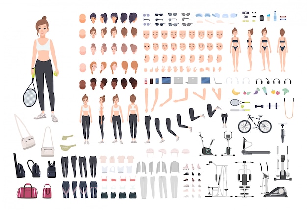 Sports girl character constructor. fitness woman creation set. Premium Vector