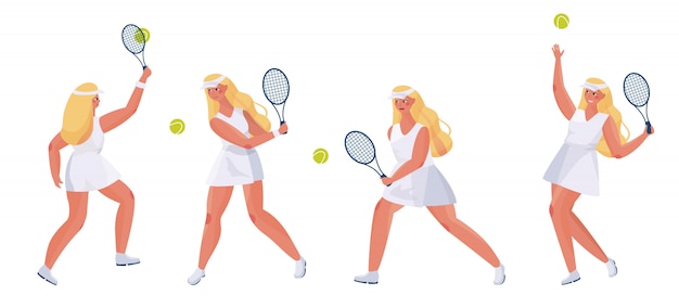 スポーツ人のかわいい女の子が白に設定 別のポーズで彼女の手にラケットを持つ若い女性のテニス選手 プレミアムベクター