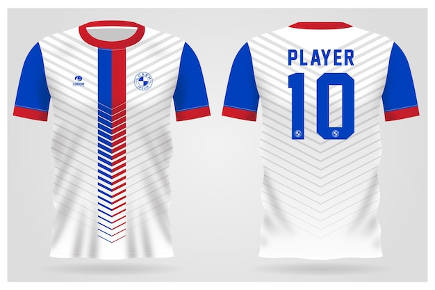 チームのユニフォームとサッカーのtシャツのデザインのためのスポーツ赤青ミニマリストジャージテンプレート プレミアムベクター
