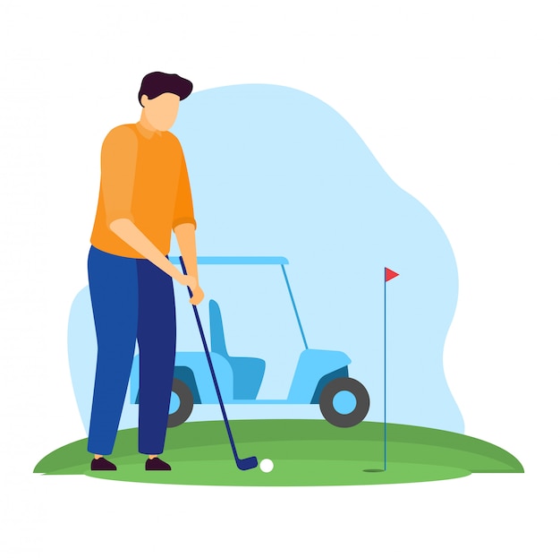 スポーツマンイラスト 漫画の男性ゴルファーのキャラクターが緑の芝生のフィールドでゴルフ 白のボールを打つ プレミアムベクター