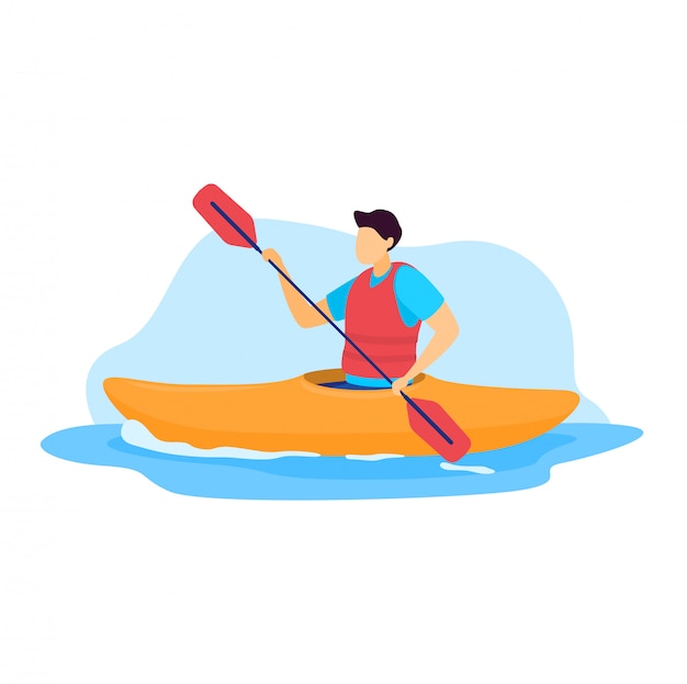 スポーツマンイラスト 漫画男カヤッカーキャラクターカヤック 乗馬 白のボートカヌーを漕ぐ プレミアムベクター