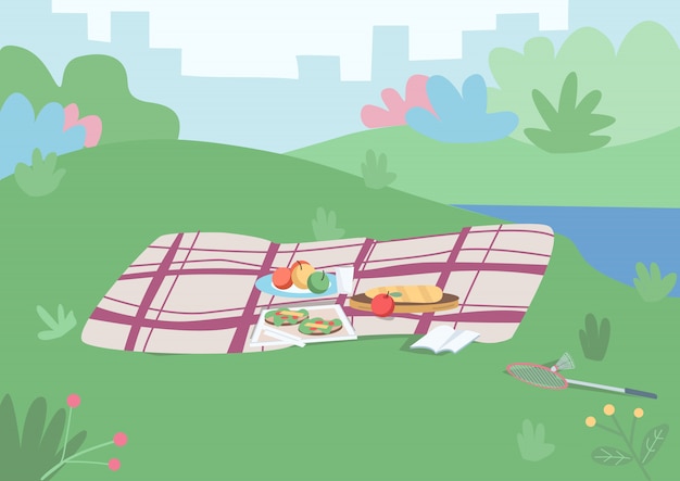 ピクニックカラーイラストのスポット 外で食事 をするためにメッキされた食物が付いた毛布芝生の丘の上の余暇のための場所 都市の景観と背景に茂みのある公園漫画の風景 プレミアムベクター