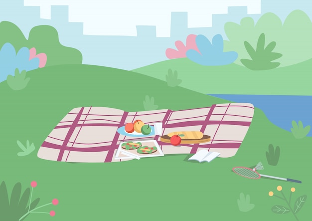 Premium Vector | Spot for picnic color illustration. blanket with food ...