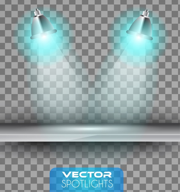 Spotlights scene with different source of lights pointing to the shelf Premium Vector
