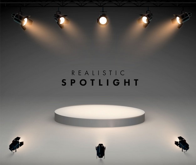 明るい白色光が光るステージセットのスポットライト 照光式フォルムプロジェクター スタジオ照明用プロジェクターのイラスト下から表彰台まで4つのスポットライトが光ります プレミアムベクター