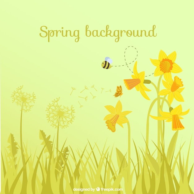 Spring background with flowers and bee