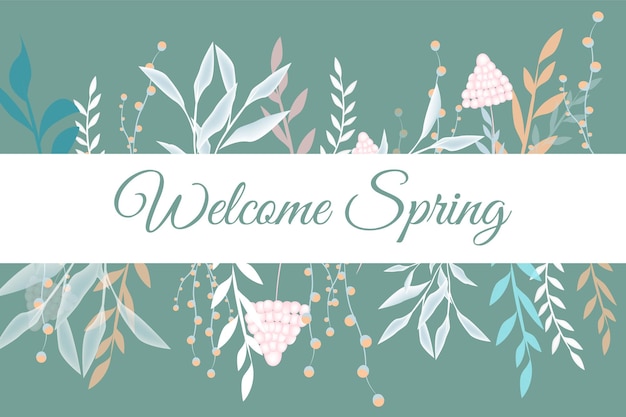 テキスト手書きの春の背景 こんにちは春 こんにちは春 花 蝶 葉のベクトルとグリーティングカード こんにちは春のイラスト プレミアムベクター