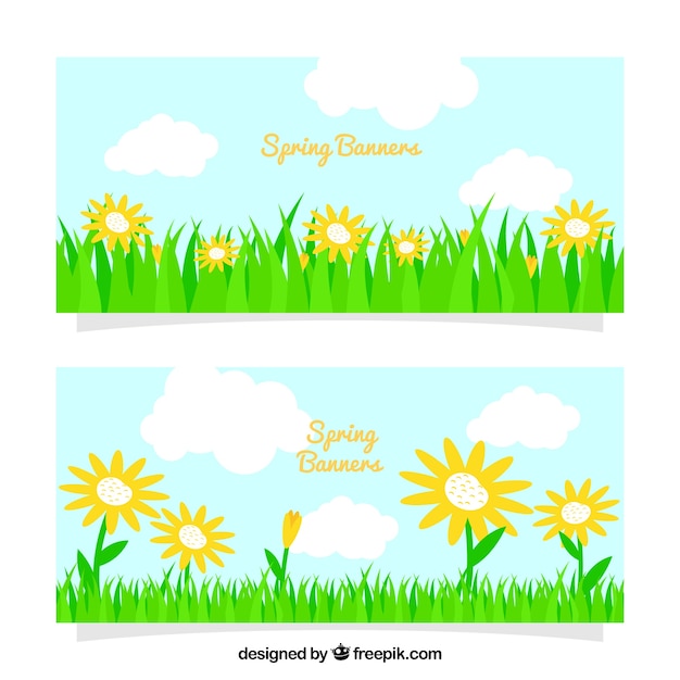 Free Vector Spring banners with flowers and grass